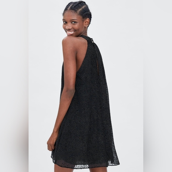 Zara Dresses & Skirts - Zara Trafaluc Black Gold Dot Halter Mini Dress Sz L